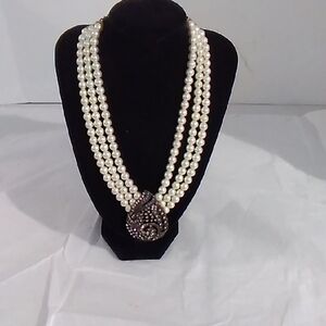 Heidi Dauss Triple Strand Pearl Necklace Teardrop Crystal Pendant